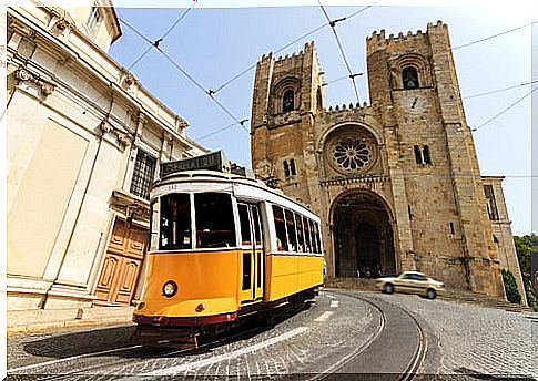 Lisbon tram and cathedral