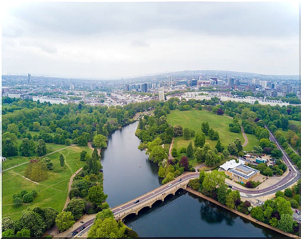 Aerial image of The Serpentine lake from Hyde Park.