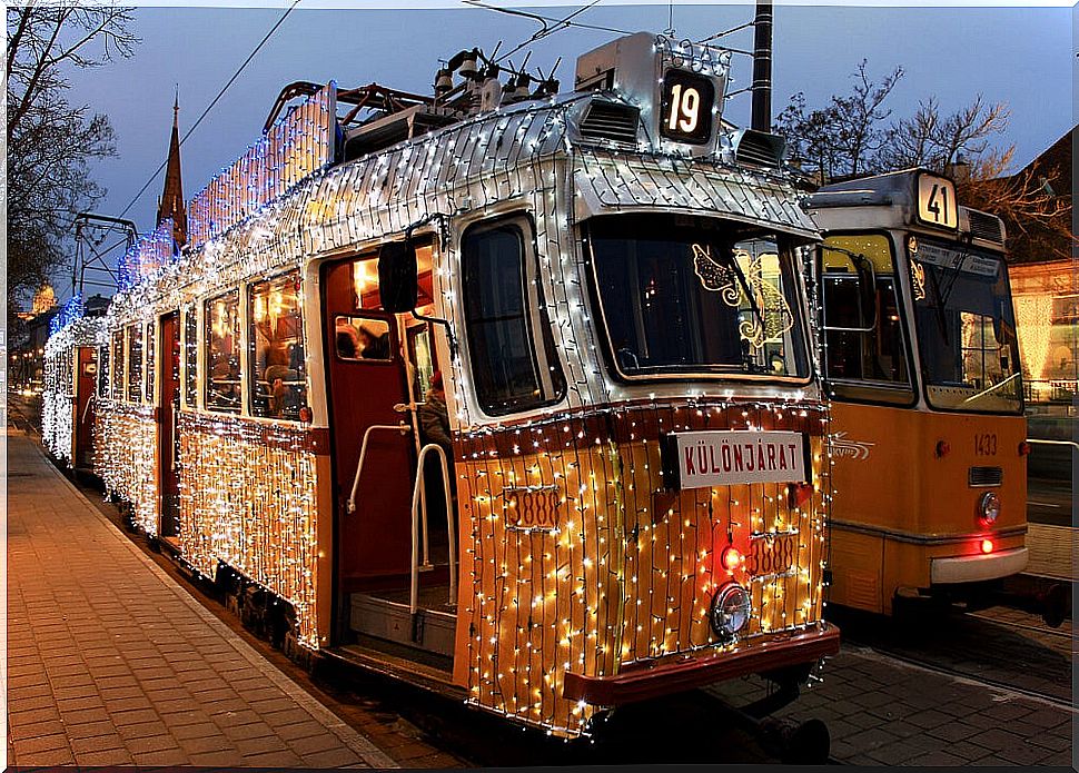 Trams decorated with lights