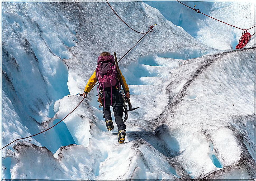 Hiker trekking on the Jostedal glacier