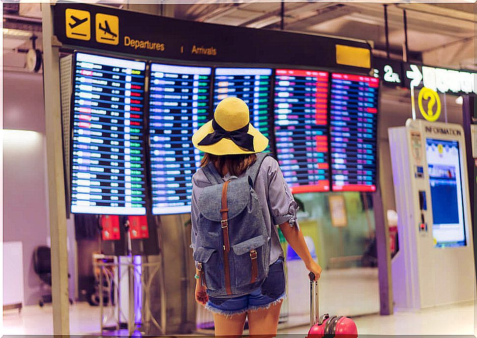 Woman on her first plane ride at the airport