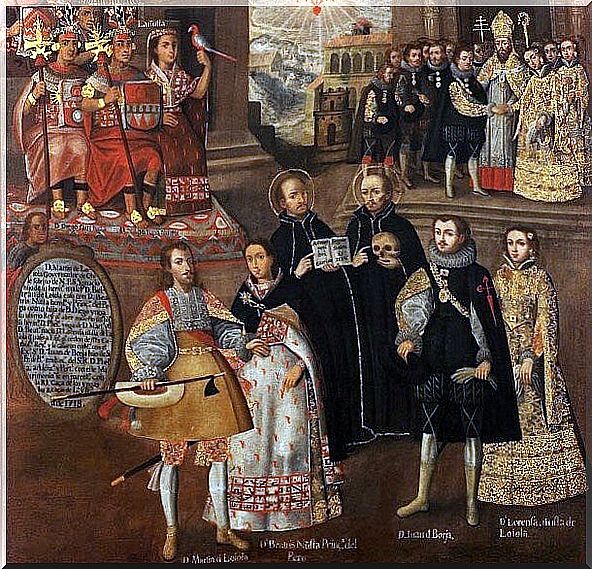 Picture Marriages of Martín de Loyola with Beatriz Ñusta and of Juan de Borja with Lorenza Ñusta de Loyola, from the Cusco school