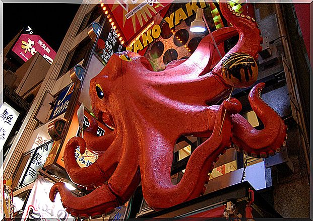 Sign for a restaurant in the Dotonbori neighborhood