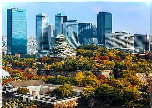 Osaka castle in Japan, tradition among skyscrapers