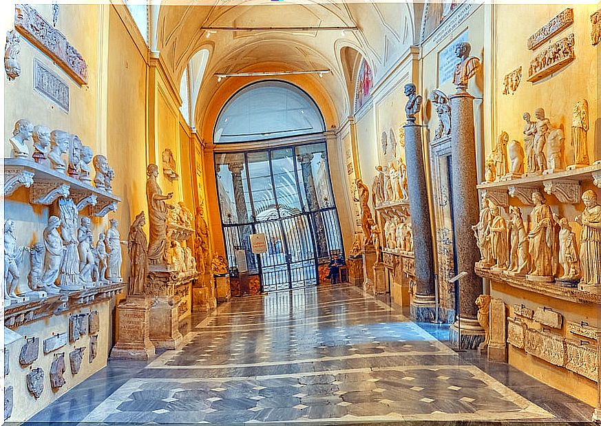 Gallery of classical sculptures in the Vatican Museum.