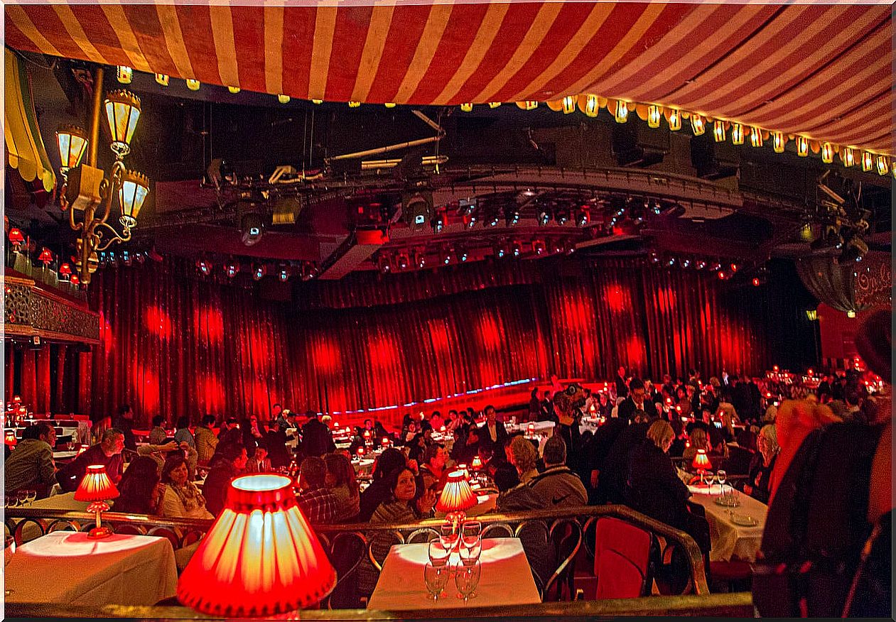 The interior of the Moulin Rouge cabaret in Paris.